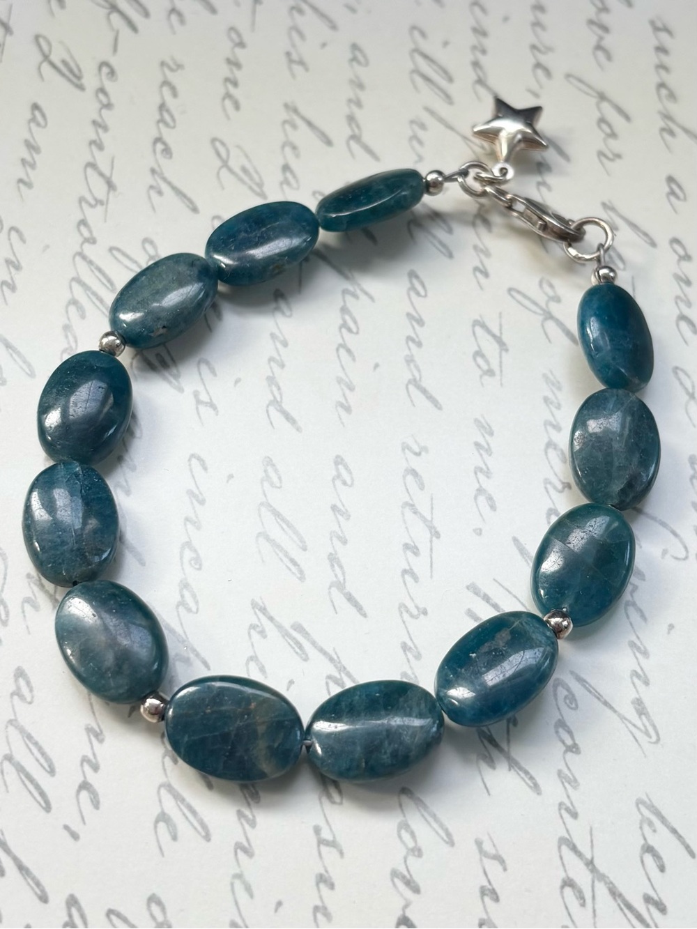 Handmade Teal Blue Apatite Beaded Bracelet - Sterling Star Charm & Lobster Clasp